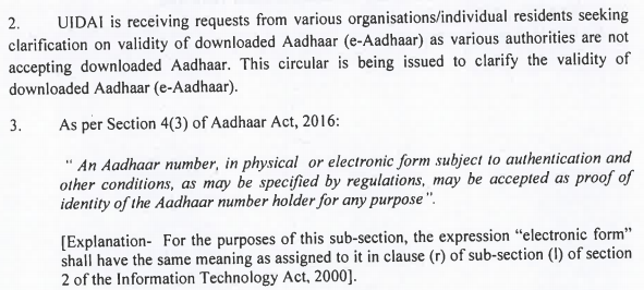 Circular on validity of e-Aadhaar (https://uidai.gov.in/images/uidai_om_on_e_aadhaar_validity.pdf)
