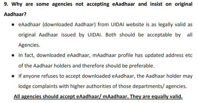 UIDAI will not help you if someone refuses to accept e-Aadhaar / Virtual ID. They ask you to lodge a complaint with higher authorities of those departments / agencies.
